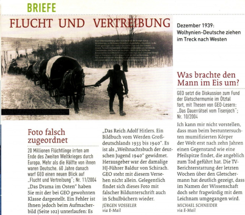 Ausriss aus dem Leserbrief an »GEO«, mit dem berichtigenden Wiederabdruck des Fotos (GEO Nr. 12/2004, S. 10)