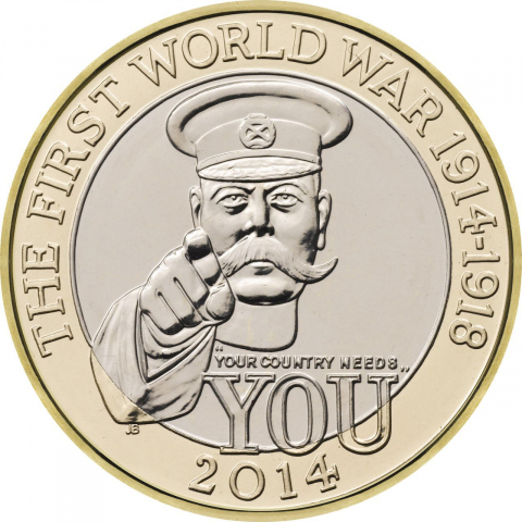 2-Pfund-Münze mit Lord Kitchener als Bildmotiv aus Anlass des »Centenary« 2014: »This official UK £2 coin remembers one of the most significant moments in British history with a design that recalls the spirit, and with hindsight, the poignancy, of the rush to enlist encouraged by Lord Kitchener.« Nach Jahrzehnten der vielfältigen – satirischen, kommerziellen, zivilgesellschaftlichen – Verwendung des Motivs soll diese Münze die patriotische Bedeutung reaktualisieren. In Großbritannien hat dies auch Warnungen vor triumphalistischen Formen im Weltkriegs-Gedenken hervorgerufen. (<http://www.royalmint.com/shop/The_100th_Anniversary_of_the_First_World_War_Outbreak_2014_UK_2_pound_Brilliant_Uncirculated_Coin>; mit freundlicher Genehmigung der Royal Mint)