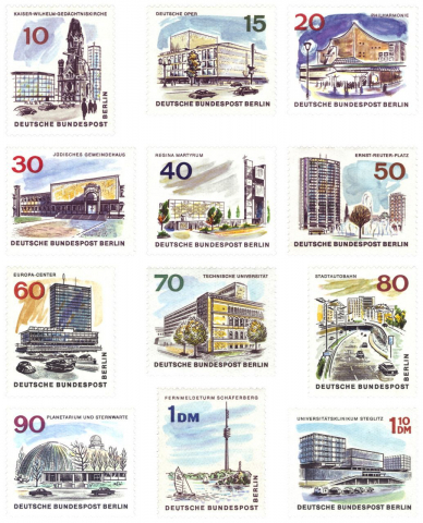 Diese Briefmarkenserie von 1965 (»Das neue Berlin«) mit insgesamt zwölf Motiven zeigte markante Bauten der internationalen Nachkriegsmoderne, des sozialen Wohnungsbaus und der autogerechten Stadt. Marken der »Deutschen Bundespost Berlin« wurden ausschließlich in West-Berlin verkauft, Marken der »Deutschen Bundespost« gab es dagegen nur in Westdeutschland. (© Bundesministerium der Finanzen, Referat VIII A7: Postwertzeichen/Münzen; Grafiker: Joachim Hans Hiller)