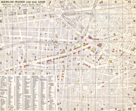 »Berlin rund um die Uhr« (aus: Generalstadtatlas Berlin 1:25.000, Stuttgart: Mairs Geographischer Verlag Richard Schwarz Nachfahren 1974/75, S. 99; Repro: Staatsbibliothek zu Berlin / mit freundlicher Genehmigung von bpk)