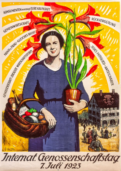 »KonsumentInnen aller Länder vereinigt Euch« – so könnte man die Aussage dieses Plakats zuspitzen, das den (künftigen) Konsum in leuchtenden Farben zeigt. (Schweizerische Nationalbibliothek, Graphische Sammlung, Posters – SNL_BIEN_34)