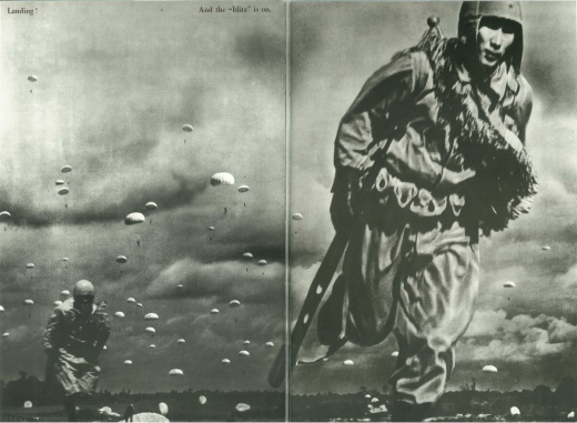 FRONT, English edition, 1943, no. 7, ›Japanese Army Paratroop Units‹, unpaginated. Two photographs were used in this montage created by Ogawa Toraji using an airbrush. It was not possible at the time to take such wide angles in one shot.