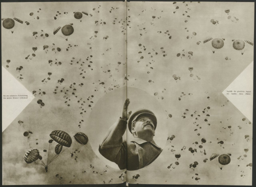SSSR na stroike, German edition, 1935, no. 12, ›Fearless Soviet Parachutists‹, unpaginated. Designed by Alexander Rodchenko and Varvara Stepanova. Unfolded photo collage; Joseph Stalin in the center of a sky full of parachutes.