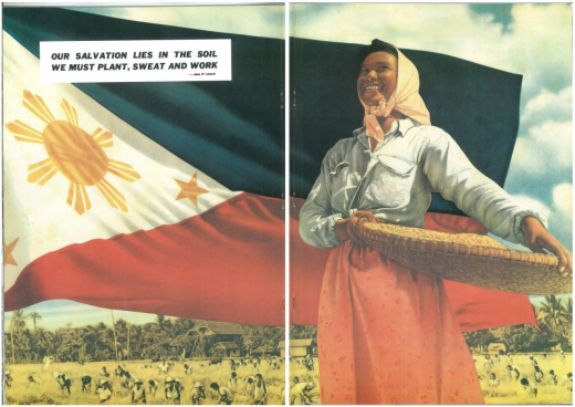 FRONT, English edition, 1944, no. 14, Philippines special, unpaginated. This double page most closely resembles Socialist Realism’s heroic pose of the ›new human being‹ and simultaneously constructs the Philippines as feminine through a visual combination of the flag and the female farmer.