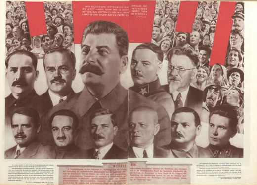 SSSR na stroike, German edition, 1937, nos. 9-12, ›The Stalin Constitution‹, unpaginated. In this photo collage, Stalin forms the center between two rows of dignitaries and in front of the ethnically diverse people of the Soviet Union. Lenin is mentioned and quoted but not visually represented.