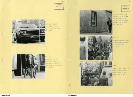 Ein weiterer Typ diktaturspezifischer Fotografie sind die Bilder, mit denen die Staatssicherheit nicht nur die Überwachung der eigenen Bürger dokumentierte, sondern auch die Observation westlicher Journalisten. Die beiden hier gezeigten Seiten stammen aus der Stasi-Akte des »stern«-Fotografen Harald Schmitt (geb. 1948), der von 1977 bis 1983 als akkreditierter Fotoreporter in der DDR und anderen sozialistischen Ländern arbeitete. (BStU, MfS, AOPK, Nr. 1344-84, Bd. 3, S. 17f.; mit freundlicher Erlaubnis von Harald Schmitt)