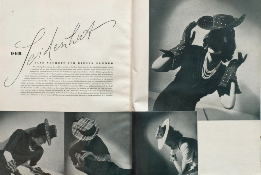 Hüte waren beliebte Objekte in den damaligen Modezeitschriften, waren sie doch eine kostengünstige Möglichkeit, verschiedene Garderoben zu kreieren. Die vier Modefotos in »Die Dame« stechen vor allem durch ihre Licht- und Schattenkontraste ins Auge. Das Modell wird entindividualisiert, der Umriss steht im Vordergrund. Der Oberkörper wird in die Inszenierung mit eingebunden, die verschiedenen dramatischen Posen unterstreichen ebenso wie weitere Accessoires (etwa Handschuhe) die geheimnisvoll wirkende Stimmung der Bilder. (Die Dame, Heft 13/1940, S. 20f., Fotograf: K.L. Haenchen)