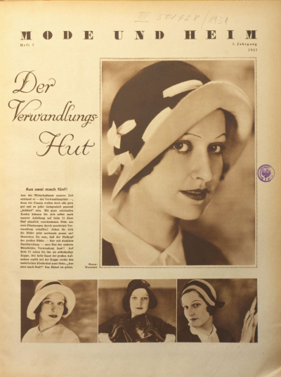 Das Beispiel aus »Mode und Heim« wurde zwar neun Jahre früher publiziert, aber diese Aufnahmen sind ähnlich arrangiert wie diejenigen in »Die Dame«, wodurch der unterschiedliche Stil noch deutlicher hervortritt. Die Fotos zeigen frontale bzw. halbfrontale Porträtaufnahmen und bestechen durch ihre Klarheit. Im Fokus stehen die Hüte, es wird keine Stimmung kreiert, sondern das Objekt möglichst wirklichkeitsgetreu abgebildet. (Mode und Heim, Heft 1/1931, S. 1, Fotograf: Bruno Winterfeld)