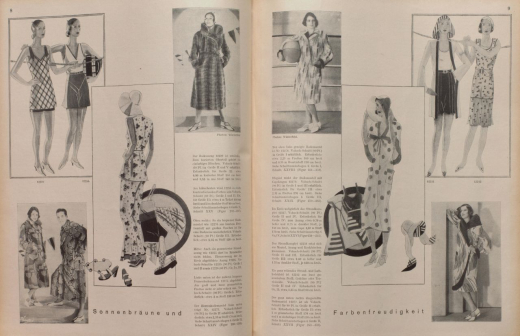 Im Heft 6/1931 von »Mode und Heim« erschien das einzige Modefoto, auf dem eine Frau und ein Mann gemeinsam zu sehen sind – bei der Präsentation von Bademänteln (links unten). Die Aufnahmen von Bruno Winterfeld entstanden im Studio; Hintergrunddekoration und ein Wasserball als thematisch passendes Accessoire sollten den Betrachterinnen aber ein sommerliches Gefühl vermitteln. Vor allem in den Anfangsjahren der Zeitschrift wurden oftmals noch Montagen aus Modefotos und -zeichnungen veröffentlicht.