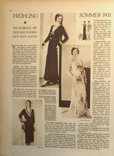 Im November 1931 lobte Margit von Plato, Moderedakteurin von »Mode und Heim«, Yvas Fotografien in der Zeitschrift »Gebrauchsgraphik« mit den Worten: »Die Lebendigkeit ihrer Bilder, ganz gleich ob es sich um figürliche oder Materialfotos handelt, hat etwas Ansprechendes und Anziehendes«. Aus diesem Grund würden sich ihre Bilder ausgezeichnet als Werbeträger eignen. So war es nicht verwunderlich, dass die Modefotos der ersten Ausgabe von »Mode und Heim« unter anderem von Yva stammten. (Mode und Heim, Heft 1/1931, S. 2; Zitat aus: Margit von Plato, Yva Fotos, in: Gebrauchsgraphik, Heft 11/1931, S. 32)