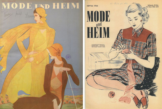 Links: Cover der Zeitschrift »Mode und Heim« (Heft 1/1931). Lediglich 21 der insgesamt 280 Ausgaben zeigten (Farb-)Fotografien auf dem Cover (ab Oktober 1935 und bis Ende Juli 1939), sonst wurden Zeichnungen verwendet. Rechts: Erst mit der Zusammenlegung der Zeitschriften im späteren Kriegsverlauf änderten sich die dargestellten Rollenzuweisungen. Die gezeichneten Modelle waren nun vor allem bei hauswirtschaftlichen Tätigkeiten wie Kochen, Einkaufen, Garten- oder Handarbeit zu sehen. Das entsprach wohl zum einen der Kriegs-Lebenswirklichkeit vieler »Mode und Heim«-Leserinnen, zum anderen können die Cover auch als Umsetzung der Anweisungen des Propagandaministeriums gesehen werden, das immer wieder von den JournalistInnen forderte, die »Heimatfront« zur Mithilfe zu mobilisieren. Die hier abgebildete letzte Ausgabe von »Mode und Heim« erschien Ende 1944 (Heft 6/1944).