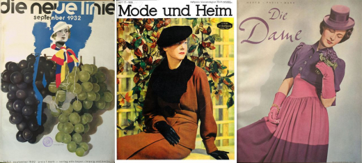 Ab Mitte der 1930er-Jahre wurden sporadisch auch (nachkolorierte) Farbfotografien zur Covergestaltung von Modezeitschriften eingesetzt, allerdings überwogen laut Moderegger (Anm. 2, S. 21) bis in die späten 1940er-Jahre zu 95 Prozent gezeichnete oder gemalte Cover. Hier im Vergleich: »die neue linie« (Heft 1/1932), »Mode und Heim« (Heft 17/1935) und »Die Dame« (Heft 6/1940).