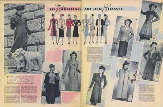 Teilweise lachende Modelle sowie Hunde als modische Accessoires und als Sinnbild für Modernität, Mobilität und Sportlichkeit ließen im Februar 1940 keine Rückschlüsse auf die Kriegssituation ziehen. Die Außenaufnahmen waren dabei als Schnappschüsse inszeniert – ein zur damaligen Zeit gängiges Stilmittel. (Mode und Heim, Heft 1/1940, S. 12f.)