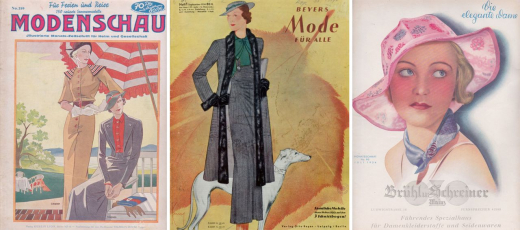 Weitere günstigere (Mode-)Zeitschriften mit überwiegend gezeichneten Covern waren neben »Mode und Heim« beispielsweise »Modenschau. Illustrierte Monats-Zeitschrift für Heim und Gesellschaft« (hier Heft 259/1934), »Beyers Mode für Alle« (Heft 1/1934) oder »Die elegante Dame« (Heft 90/1934).