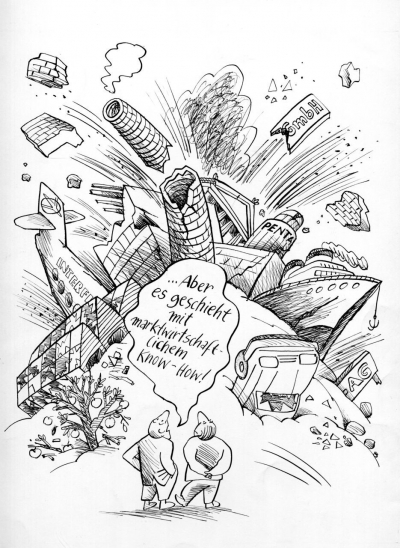 Im Frühjahr 1991, als die gesellschaftlichen Proteste gegen den Wirtschaftsumbau im »Beitrittsgebiet« einen ersten Höhepunkt erlebten, setzte die ostdeutsche Karikaturistin Barbara Henniger vor allem die Rechtfertigungsstrategien von Bundesregierung und Treuhandanstalt spöttisch ins Bild: Der dramatische Zusammenbruch der ostdeutschen Industrielandschaft, hier mit der Staatsfluglinie Interflug und dem Kameraproduzenten Pentacon als gewaltiger Urknall inszeniert, wird von zwei (West-)Managern beobachtet, die sich mit ihrem offenbar unerschütterlichen Glauben an die explosiv-zerstörerisch wirkenden Marktkräfte zu beruhigen wissen. Die Karikatur erschien u.a. im »Spiegel« vom 25. März 1991. (© Barbara Henniger)