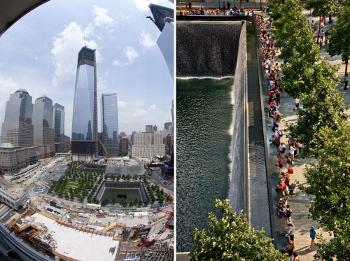 »Memorial Pools«, Ausstellungsgebäude und Umgebung am Ort der früheren Twin Towers (© National September 11 Memorial & Museum, Fotos: Jin Lee, Joe Woolhead, Juli 2012)