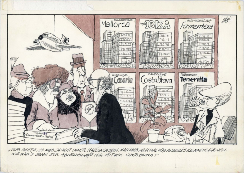 »Individualist auf Formentera« oder »Malerische Costa Brava«? Für Kritiker des Massentourismus war die angebliche Vielfalt der Reiseziele eine bloße Illusion. Unter dem Motto »Es muß ja nicht immer Mallorca sein« bietet das Reisebüro in dieser Karikatur von 1984 »Sommer, Sonne + Beton«. (© Volker Ernsting / Repro: Stiftung Haus der Geschichte der Bundesrepublik Deutschland, Bonn)