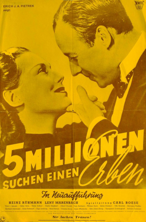 Plakat zur Neuaufführung des Films »5 Millionen suchen einen Erben« von 1938 (vermutlich in den 1960er-Jahren). Heinz Rühmann spielt darin den Staubsaugervertreter Peter Pett, dessen reicher amerikanischer Onkel ihm in seinem Testament fünf Millionen Dollar zugedacht hat – unter der Voraussetzung, dass Peter glücklich verheiratet ist. Andernfalls soll dessen schottischer Vetter Patrick das Geld erhalten (der Peter sehr ähnlich sieht und ebenfalls von Rühmann gespielt wird). Wie in den Plots zahlreicher weiterer Filme entwickelt sich aus dieser Anfangskonstellation eine turbulente Verwechselungskomödie.(© Beta Film GmbH; Repro: Deutsches Filminstitut, Plakatsammlung)