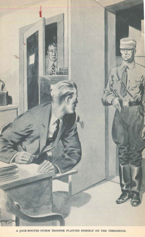 Aus der Dunkelkammer heraus von der SA verhaftet – die Festnahme des Fotografen Willy Jacobson (hinten links) im Wiener AP-Büro in der Darstellung des Zeichners Henry C. Barrow, in: Oliver Gramling, AP. The Story of News, New York 1940, S. 463. Ebenfalls anwesend war der AP-Korrespondent Melvin Whiteleather (am Schreibtisch). Jacobson wurde später nach Berlin entlassen. Sein weiteres Schicksal ist unbekannt. Einige Fotos aus der frühen DDR, die von einem gleichnamigen Fotografen im Deutschen Historischen Museum überliefert sind, könnten darauf hindeuten, dass Jacobson den Krieg überlebte.