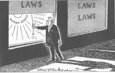 Apartheid-Gesetze gegen das helle Licht der Menschenrechte: Der südafrikanische Premierminister Hendrik Verwoerd zieht die Vorhänge herunter. (Zu Verwoerds Politik siehe den Beitrag von Christoph Marx in diesem Heft.) (Karikatur des südafrikanischen Zeichners J.H. Jackson, 1958, aus: Harry Dugmore/Stephen Francis/Rico Schacherl (Hg.), Nelson Mandela. A Life in Cartoons, Johannesburg 1999, S. 20)