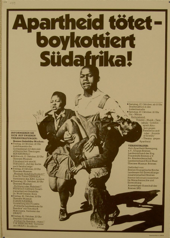 »Apartheid tötet – boykottiert Südafrika!« (AAB, Bremen; Evangelische Frauenhilfe, Landesverband Bremen; Evangelische Akademikerschaft, Landesverband Nord-West, ca. 1979; Originalformat: 42 cm x 29,5 cm; afas)