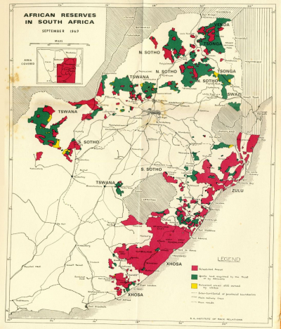 »African Reserves in South Africa«: Karte des South African Institute of Race Relations, Johannesburg, 1969 (South African History Online)