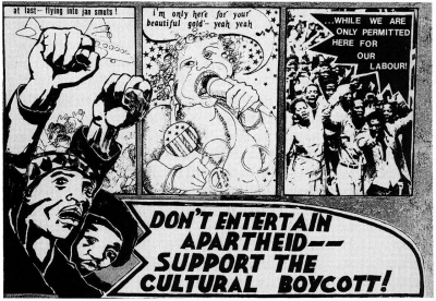 Plakat zur Propagierung des Kulturboykotts: autochthoner schwarzer Klassenkampf gegen importierten weißen Hippie-Kommerz (Rob Nixon, Homelands, Harlem, Hollywood. South African Culture and the World Beyond, New York 1994, S. 158/Mayibuye Archives, Cape Town; ohne Datierung)