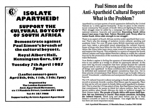Flugblatt, verteilt vor Paul-Simon-Konzerten in London, April 1987 (AAM Archives Committee)