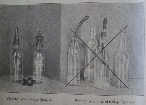 »Zweckmäßige« versus »unzweckmäßige« Säuglingsflaschen der 1930er-Jahre (aus: Elisabeth Hörig/Otto Köhler, Unser Kind. Ein Ratgeber für Mütter, Chemnitz 1931, 3. verb. Aufl. Dresden 1935, S. 34)