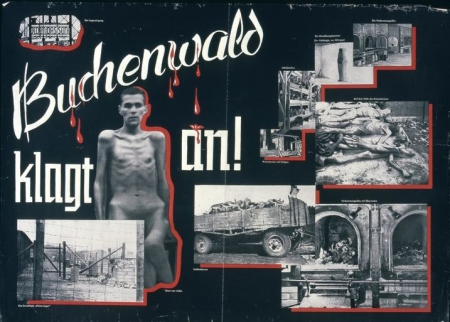 »Buchenwald klagt an!« KPD-Plakat, Unterbezirk Zwickau, Abt. Agitprop, ca. 1945/49. In der unmittelbaren Nachkriegszeit sollten Bilder der befreiten Konzentrationslager Empörung und moralische Einsicht hervorrufen, wurden aber von deutscher Seite als Infragestellung der moralischen Souveränität skandalisiert, statt eine Auseinandersetzung mit den NS-Verbrechen zu fördern.(Bundesarchiv, Plak 004-005-009) »Buchenwald klagt an!« KPD-Plakat, Unterbezirk Zwickau, Abt. Agitprop, ca. 1945/49.