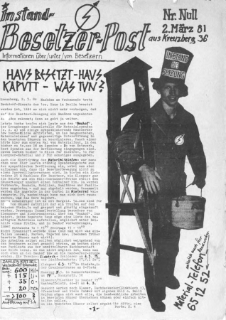 Titelseite der Nullnummer der »Instand-Besetzer-Post« mit »Material-Telefon«, März 1981(Papiertiger. Archiv & Bibliothek der sozialen Bewegungen, Berlin) Titelseite der Nullnummer der »Instand-Besetzer-Post«