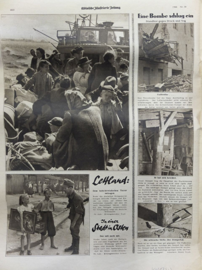 Kölnische Illustrierte Zeitung, 28.9.1944, S. 460. Damalige Bildunterschrift des großen Fotos: »Lettland: Dem bolschewistischen Terror entzogen. Boote der deutschen Kriegsmarine bringen lettische Frauen und Kinder zu einem auf offener See wartenden Dampfer, mit dem sie nach Deutschland fahren. Jeder hat das Nötigste mitgenommen; für Verpflegung sorgt die deutsche Wehrmacht. PK-Aufn.: SS-Kriegsberichter Truol.« (Auf der rechten Spalte der Zeitungsseite wurde die fachmännische Absicherung von Luftschutzkellern erklärt.) Kölnische Illustrierte Zeitung, 28.9.1944, S. 460