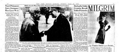 Das Laux-Foto, veröffentlicht im »New York Herald Tribune« vom 23. Juli 1944, S. 3, mit der Quellenangabe »Associated Press radiophoto«. Bildlegende hier: »Der Fuehrer, right, extends his left hand as the former Duce arrives for a conference after the reported assassination attempt, according to the German caption accompanying this photo. The picture was radioed from Stockholm to London and then to New York.«