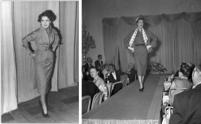 Reale Modenschauen der 1950er-Jahre in Ost und West. Links: »Phantasie-Kostüm ›Berlin – Prag‹ aus Wollstoff mit neuartigem Kuttenkragen«, Leipziger Messe, 4. September 1953 (Bundesarchiv, Bild 183-21044-0249, Foto: Krueger) Rechts: »Ungezwungen und geschmeidig« – Modelle von Christian Dior bei einer Präsentation für französische Gäste in Bad Godesberg, 15. März 1952 (Bundesarchiv, B 145 Bild-F091359-0016, Foto: Georg Munker)
