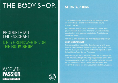 »Made with Passion«: Body Shop versuchte Produktwerbung mit politischer Kampagnenkommunikation zu verbinden, hier mit dem Aufruf »Stoppt häusliche Gewalt!«. (Broschüre von 2005)