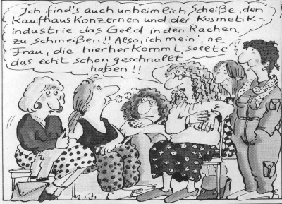 Franziska Becker, Das 1. Mal im Zentrum, in: dies., Mein feministischer Alltag (= Emma-Sonderband 2), Köln 1980, o.S. (Ausschnitt)