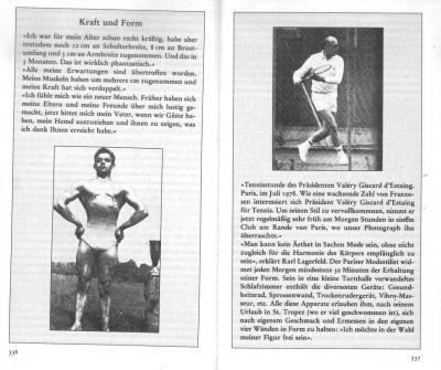 Der durch Bodybuilding gestählte männliche Körper ist für Bourdieu ein „Klassenkörper“, in dem sich ein rein instrumentelles Verhältnis des Arbeiters zum eigenen Körper ausdrücke. Das wiederum steht für ihn im Gegensatz zum ästhetischen Körperverständnis der Bourgeoisie. (aus: Bourdieu, Die feinen Unterschiede, S. 336f. Der Autor macht hier keine Angabe zu den Bildquellen.)