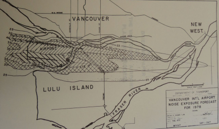 Noise contours around Vancouver airport. The contours are mapped in conical bands from left to right, with the contour numbers on the left.(City of Vancouver Archives, Community Forum on Airport Development fonds, Airport Planning Committee 1973–1976 folder: 579-A-1, file 2, ›Transport Canada, Vancouver International Airport Proposed Expansion, 1973: Public Information Kit, Noise and the Environment‹) Noise contours around Vancouver airport. The contours are mapped in conical bands from left to right, with the contour numbers on the left.(City of Vancouver Archives, Community Forum on Airport Development fonds, Airport Planning Committee 1973–1976 folder: 579-A-1, file 2, ›Transport Canada, Vancouver International Airport Proposed Expansion, 1973: Public Information Kit, Noise and the Environment‹)