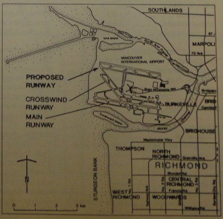 Vancouver International Airport, the proposed parallel runway, and surrounding environs, including Richmond(City of Vancouver Archives, Community Forum on Airport Development fonds, Airport Current 1989–2000 folder: 579-A-6, file 7, originally published in Spectrum, Fall/Winter 1990, p. 12) Vancouver International Airport, the proposed parallel runway, and surrounding environs, including Richmond(City of Vancouver Archives, Community Forum on Airport Development fonds, Airport Current 1989–2000 folder: 579-A-6, file 7, originally published in Spectrum, Fall/Winter 1990, p. 12)