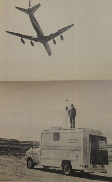 Acoustical Engineering employee measures aircraft noise on top of mobile ›Noise Measurement Vehicle‹ near Vancouver International Airport, 1973.(City of Vancouver Archives, Community Forum on Airport Development fonds, Clippings 1973–1988 folder: 578-G-7, file 5, Vancouver Sun, n.d.) Acoustical Engineering employee measures aircraft noise on top of mobile ›Noise Measurement Vehicle‹ near Vancouver International Airport, 1973.(City of Vancouver Archives, Community Forum on Airport Development fonds, Clippings 1973–1988 folder: 578-G-7, file 5, Vancouver Sun, n.d.)