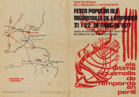 Flugblatt »Festa Popular« der Naturschutz-Initiative »Grup de Defensa dels Aiguamolls Empordanesos« vom Mai 1977. Mit einem Fest wollte die Gruppe, die für den Schutz der Aiguamolls eintrat, die Bevölkerung für das Thema sensibilisieren.(Arxiu Jordi Sargatal) Flugblatt »Festa Popular« der Naturschutz-Initiative »Grup de Defensa dels Aiguamolls Empordanesos« vom Mai 1977. Mit einem Fest wollte die Gruppe, die für den Schutz der Aiguamolls eintrat, die Bevölkerung für das Thema sensibilisieren.(Arxiu Jordi Sargatal)
