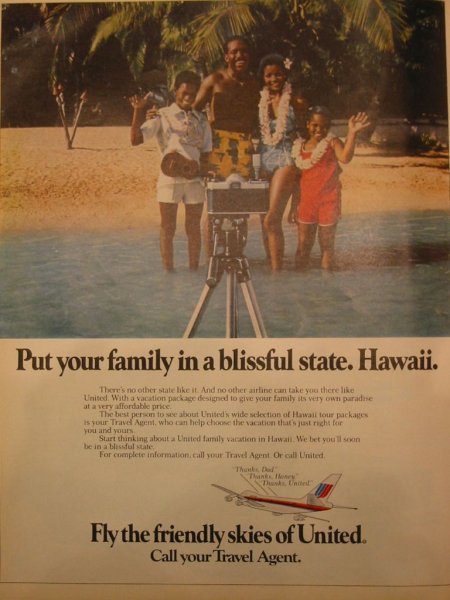 Hawaii-Werbung bei United Airlines(aus: Ebony, März 1979) Hawaii-Werbung bei United Airlines(aus: Ebony, März 1979)