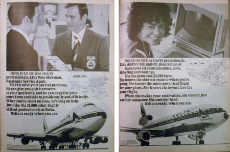 Mitarbeiter/innen in Werbeanzeigen von Delta Airlines (aus: Newsweek, 21.2.1972, und Ebony, März 1973) Mitarbeiter/innen in Werbeanzeigen von Delta Airlines (aus: Newsweek, 21.2.1972, und Ebony, März 1973)