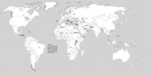 Humanitäre Hilfsaktionen unter Beteiligung der Bundeswehr 1959–1991 (© Patrick Merziger; die Karte gibt die Grenzen von 1980 wieder)