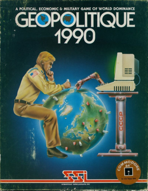 Der US-amerikanische Mensch gegen die sowjetische Technik: Cover des Computerspiels Geopolitique 1990 (USA 1983)