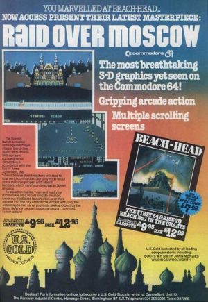 »The most breathtaking 3-D graphics yet seen on the Commodore 64!« Anzeige für das Computerspiel Raid over Moscow (Großbritannien 1983)