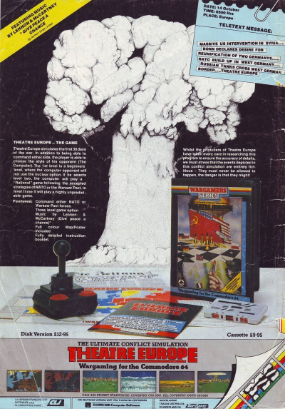 »A highly unpredictable game«, unterlegt mit John Lennons »Give Peace a Chance«: Anzeige für das Computerspiel Theatre Europe (Großbritannien 1985)