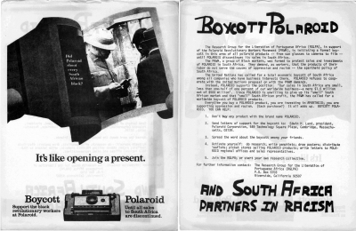Flugblatt der Research Group for the Liberation of Portuguese Africa, 1970/71 (African Activist Archive, Boston Coalition for the Liberation of Southern Africa, Michigan State University Libraries Special Collections, object ID 32-130-1E6A, <http://kora.matrix.msu.edu/files/50/304/32-130-1E6A-84-RGLPA%20Boycott%20Polaroid.pdf>)