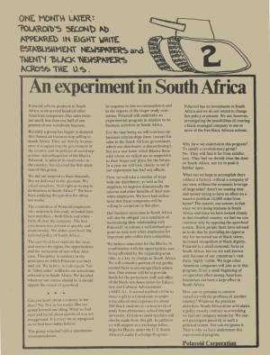 Zweite in mehreren US-Tageszeitungen geschaltete Anzeige der Polaroid Corporation vom 13. Januar 1971, hier der kommentierte Abdruck des Artikels im Pamphlet des PRWM vom 21. März 1971 (African Activist Archive, Private Collection of David Wiley and Christine Root, object ID 32-130-357, <http://kora.matrix.msu.edu/files/50/304/32-130-357-84-african_activist_archive-a0b0q5-a_12419.pdf>)