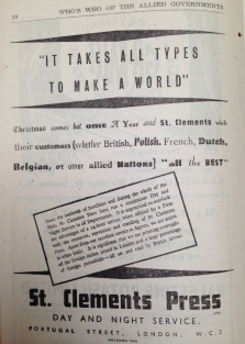 Verlagswerbung mit alliierten Weihnachtsgrüßen in: Joel Cang (Hg.), The Who’s Who of the Allied Governments and Allied Trade & Industry, London 1944, S. 14